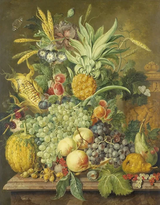 Framed Print : Still Life with Fruit, by Jacobus Linthorst, 1808, Dutch painting, oil on panel. Rich arrangement of various fruit with vegetables, flowers, and a butterfly Framed Print : Still Life with Fruit, by Jacobus Linthorst, 1808, Dutch painting, oil on panel. Rich arrangement of various fruit with vegetables, flowers, and a butterfly