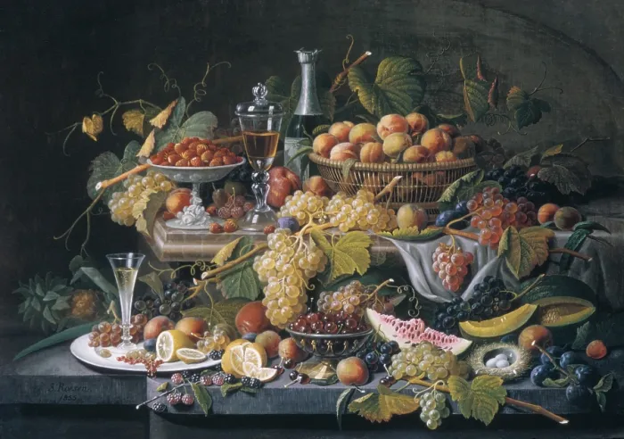 Framed Print : STILL LIFE FRUIT, by Severin Roesen, 1855, American painting, oil on canvas