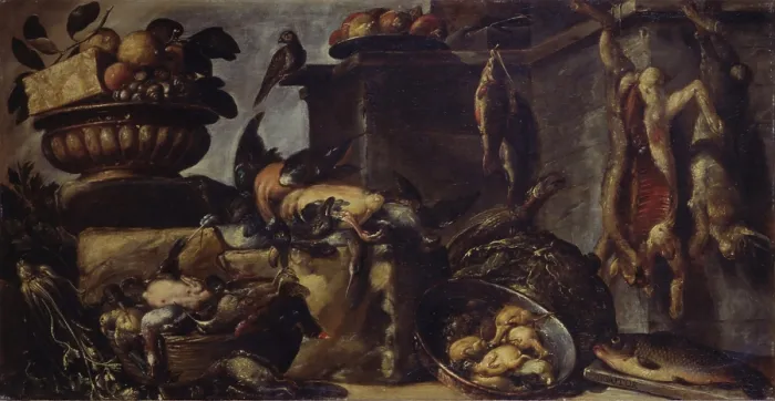 Framed Print : Still life with game and fishes, by Bartolomeo Arbotori, 17th Century, oil on canvas, 100 x 195 cm - Italy, Emilia Romagna, Parma, National Collection. Whole artwork view Framed Print : Still life with game and fishes, by Bartolomeo Arbotori, 17th Century, oil on canvas, 100 x 195 cm - Italy, Emilia Romagna, Parma, National Collection. Whole artwork view