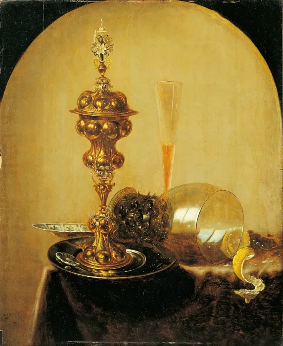 Framed Print : Still Life with Glass Jug and Porcelain Cup Wan Li, by Gerard Van Berleborch, 1646, 17th Century, oil on panel, 73 x 59 cm - Italy, Lombardy, Milan, Castello Sforzesco