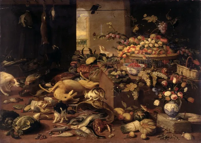 Framed Print : Still Life, after Jan van Kessel, 17th Century, oil on board, 37 x 52 cm - Italy, Lombardy, Milan, Castello Sforzesco, Civic Collections of Ancient Art. Whole artwork view