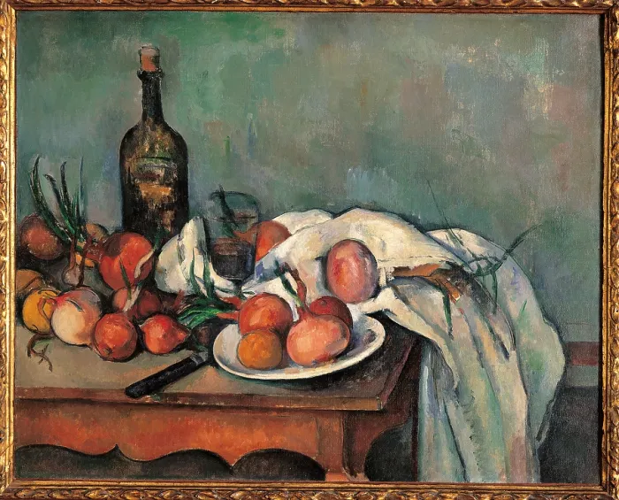 Framed Print : Still life with Onions, by Paul Czanne, 1895 about, 19th Century, oil on canvas, cm 66 x 82 - France, Ile de France, Paris, Muse dOrsay