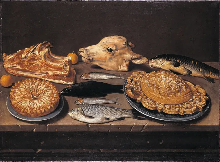 Framed Print : Still Life Ox Head, Sweets and Fishes, by Giacomo Ceruti know as Pitocchetto, 1700 - 1750 about, 18th Century, oil on canvas, - Italy, private collection