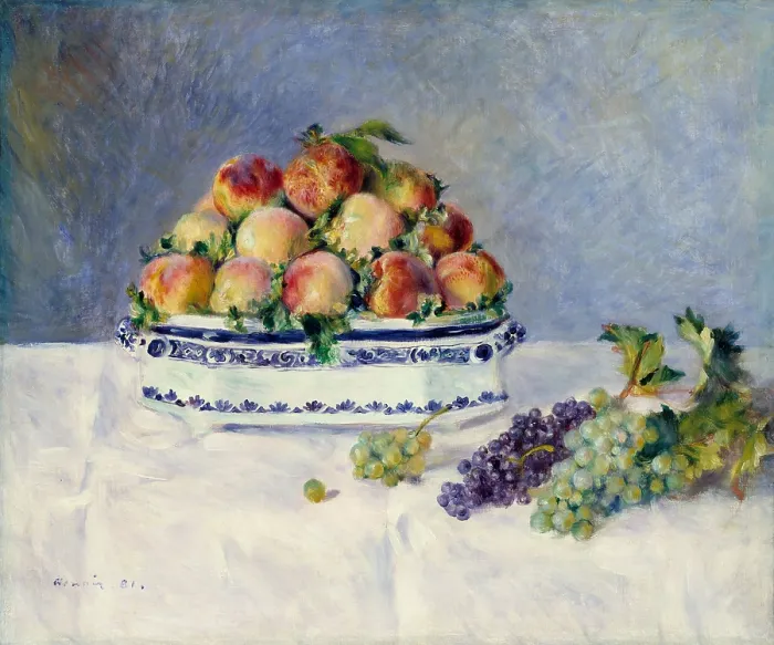 Framed Print : Still Life with Peaches and Grapes, by Auguste Renoir, 1881, French impressionist oil painting