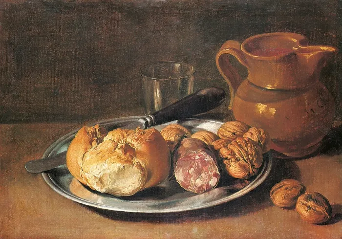Framed Print : Still life with Pewter Plate, Knife, Loaf, Salami, Nuts, Glass and a Jug of Red Wine, by Giacomo Ceruti know as Pitocchetto, 1750 about, 18th Century