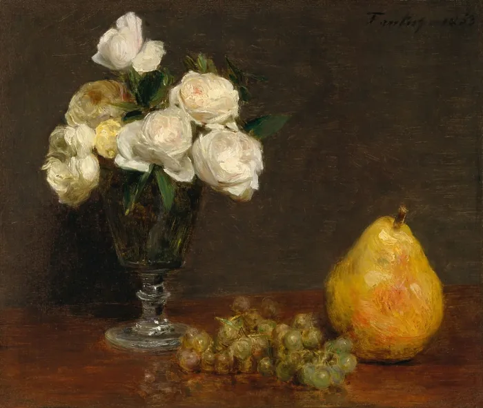 Framed Print : Still Life with Roses and Fruit, by Henri Fantin-Latour, 1863, French impressionist oil painting