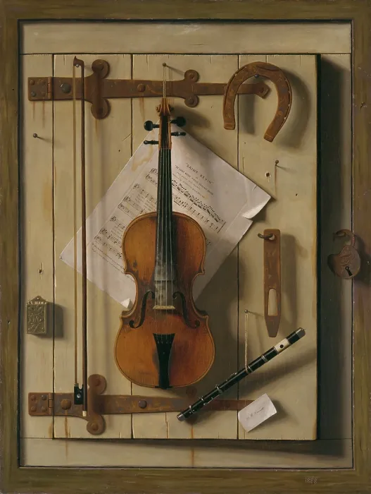 Framed Print : STILL LIFE - VIOLIN AND MUSIC, by William Michael Harnett, 1888, American painting, oil on canvas