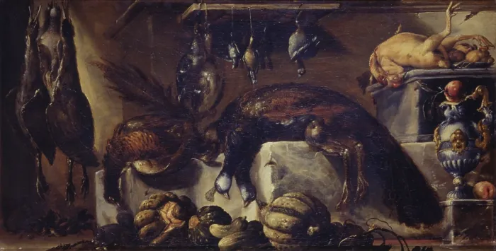 Framed Print : Still Life with with dead Peacock, Poultry, Game, Pumpkins, Fruit and Silver Jug, by Bartolomeo Arbotori, 17th century, oil on canvas, 100 x 195 cm - Italy, Emilia Romagna, Parma