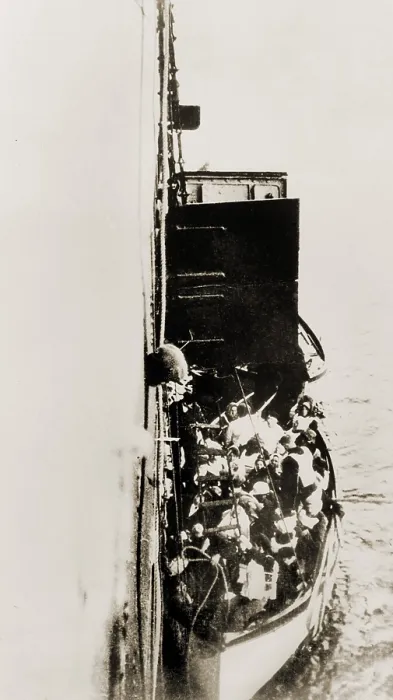 Framed Print : Lifeboat from Titanic is lifted aboard the rescue vessel Carpathia. April 15, 1912