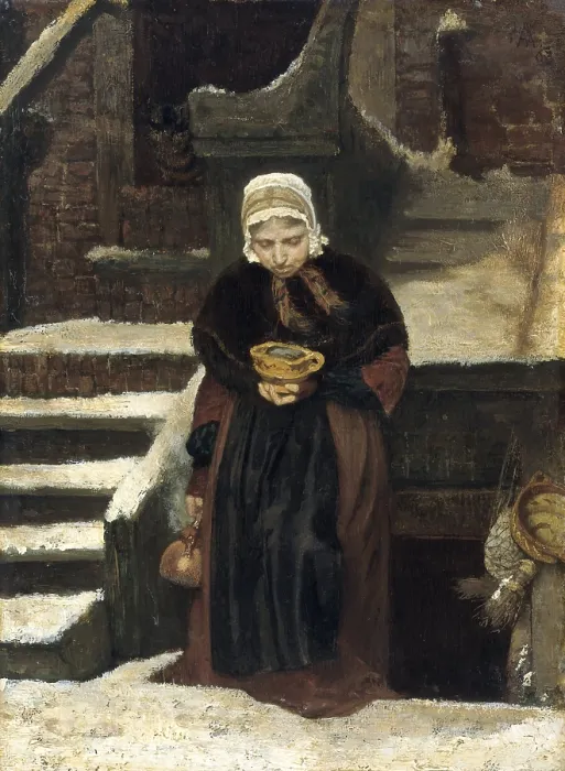 Framed Print : Life's Eventide, by August Allebe, 1863, Dutch painting, oil on panel. An old woman climbs snow covered steps from her basement dwelling