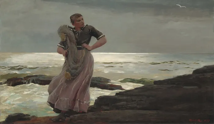 Framed Print : A Light on the Sea, by Winslow Homer, 1897, American painting, oil on canvas. A sturdy windblown woman stands on the rocky Maine coast with a fishnet Framed Print : A Light on the Sea, by Winslow Homer, 1897, American painting, oil on canvas. A sturdy windblown woman stands on the rocky Maine coast with a fishnet