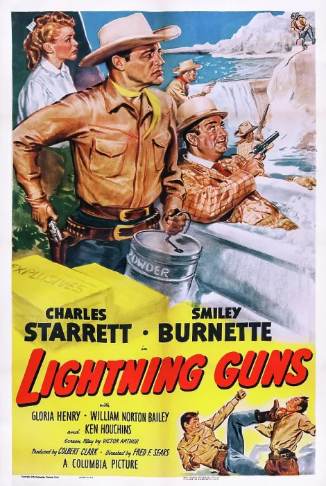 Framed Print : LIGHTNING GUNS, US poster art, top from left: Gloria Henry, Charles Starrett, Smiley Burnette, 1950
