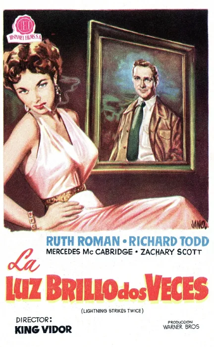 Framed Print : LIGHTNING STRIKES TWICE, (aka LA LUZ BRILLO DOS VECES), Ruth Roman, Richard Todd (in painting), 1951