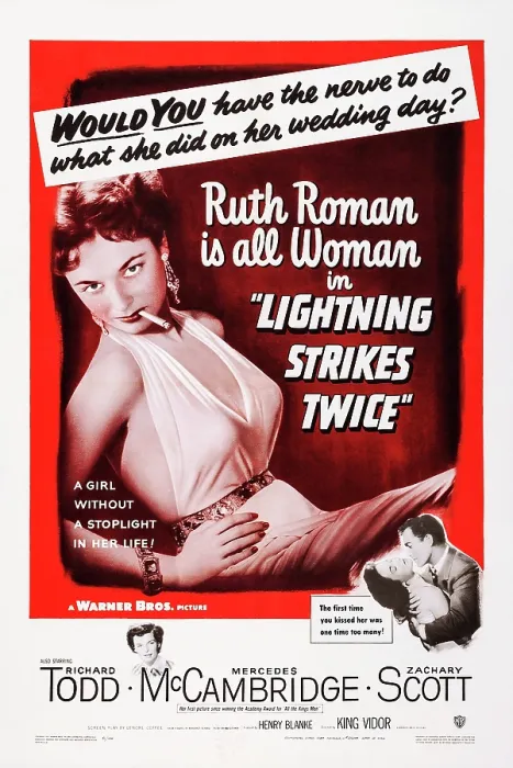 Framed Print : LIGHTNING STRIKES TWICE, US poster art, top: Ruth Roman; bottom, from left: Mercedes McCambridge, Ruth Roman, Richard Todd, 1951