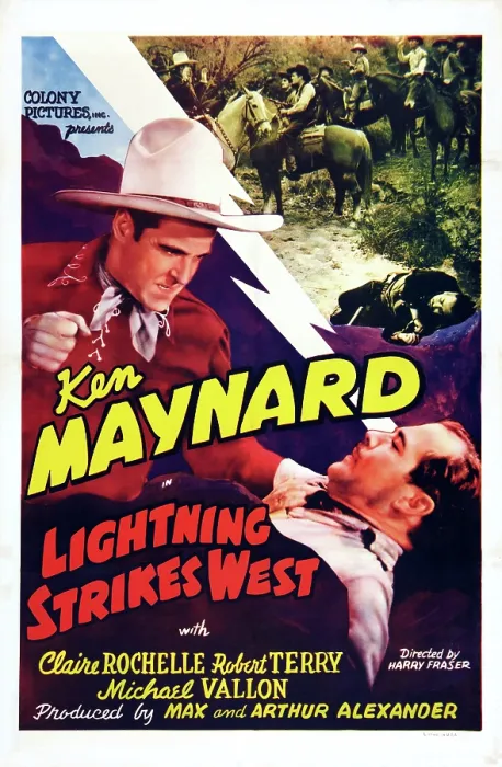 Framed Print : LIGHTNING STRIKES WEST, US poster art, left: Ken Maynard, 1940