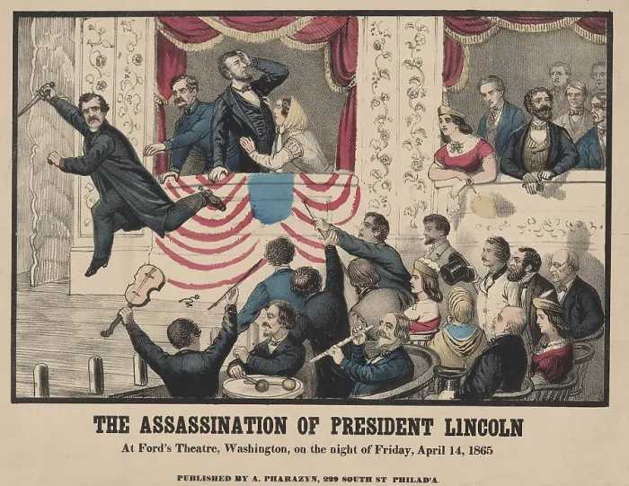 Framed Print : Lincoln assassin, John Wilkes Booth, with knife in hand, jumped from the Presidential box onto the stage of Ford's Theater. April 14th, 1865