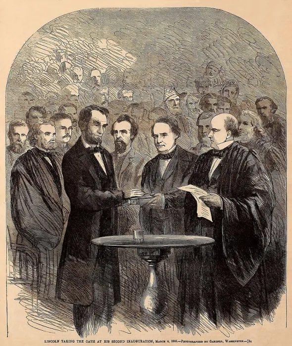Framed Print : Lincoln taking the oath at his second inauguration, March 4, 1865. The oath is administered by Chief Justice Salmon Chase on the East Front of the Capitol (BSLOC_2016_14_123) Framed Print : Lincoln taking the oath at his second inauguration, March 4, 1865. The oath is administered by Chief Justice Salmon Chase on the East Front of the Capitol (BSLOC_2016_14_123)