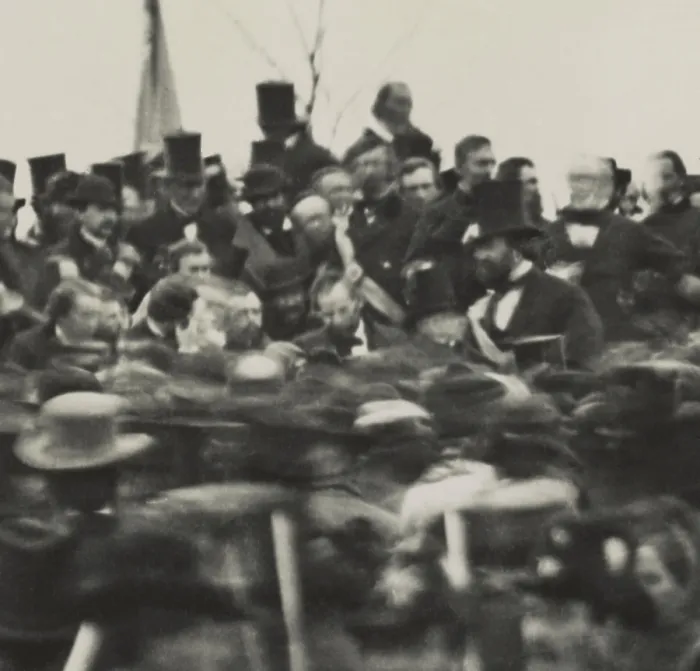 Framed Print : Lincolns Gettysburg Address, Nov. 19, 1863. President Lincoln is visible facing the crowd, not wearing a hat, to the left of the tall man wearing a top hat Framed Print : Lincolns Gettysburg Address, Nov. 19, 1863. President Lincoln is visible facing the crowd, not wearing a hat, to the left of the tall man wearing a top hat