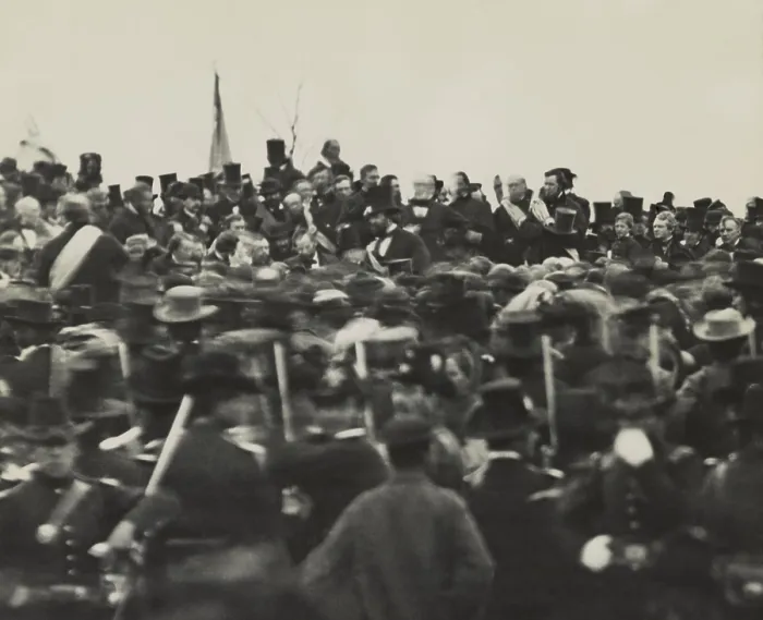 Framed Print : Lincolns Gettysburg Address, Nov. 19, 1863. President Lincoln is visible facing the audience, not wearing a hat, and to the left of a tall man wearing a top hat (BSLOC_2018_9_42)