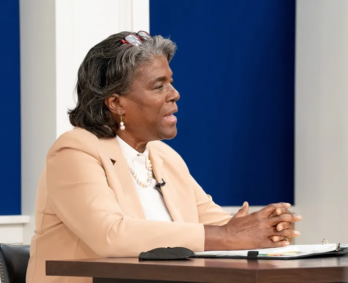 Framed Print : Linda Thomas-Greenfield, US Ambassador to the United Nations, attends the virtual Global COVID-19 Summit, Sept. 22, 2021