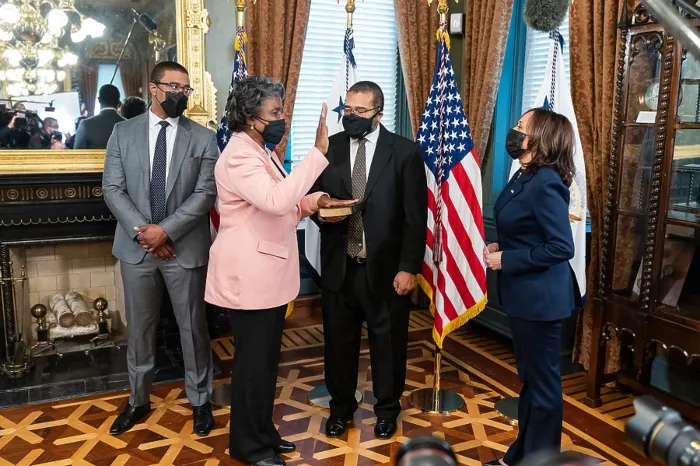 Framed Print : Linda Thomas-Greenfield is sworn in as US Ambassador to the United Nations by Vice President Kamala Harris, Feb. 24, 2021
