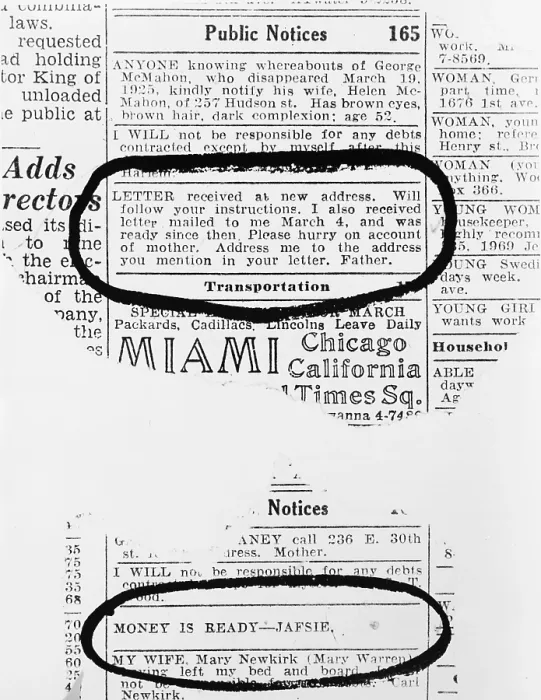 Framed Print : Lindbergh Baby kidnapping. Two notices in New York City newspapers attempted to pay the Lindbergh kidnappers the ransom money