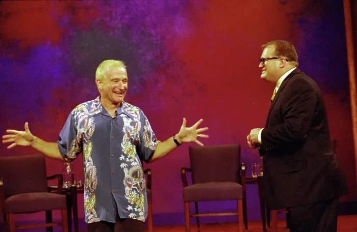 Framed Print : WHOSE LINE IS IT ANYWAY?. Special guest Robin Williams (left) with host Drew Carey, (aired Nov. 18, 2000), 1998-2006 Framed Print : WHOSE LINE IS IT ANYWAY?. Special guest Robin Williams (left) with host Drew Carey, (aired Nov. 18, 2000), 1998-2006
