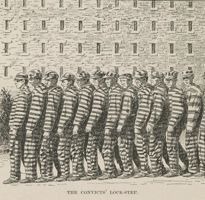 Framed Print : A line of convicts marching in a lock step at Blackwells Island Penitentiary, New York City. They were subject to strict discipline, heavy hard labor, and fed coarse food