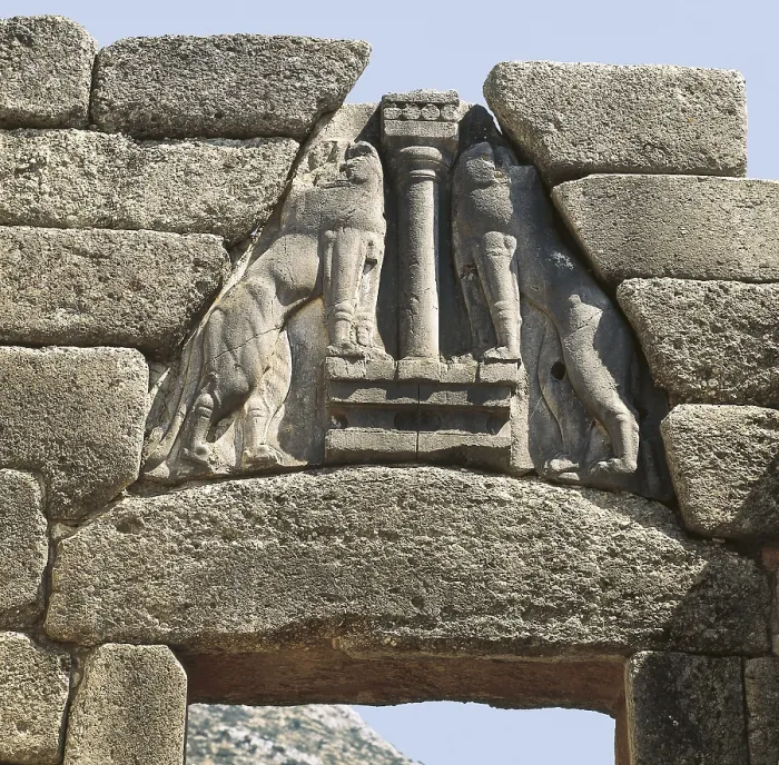 Framed Print : Lion Gate. s.XIV BC. GREECE. Mycenae. Gate of the second stage (1350-1330 BC) located in the north of the wall. Lions over the lintel. Detail. Mycenaean art