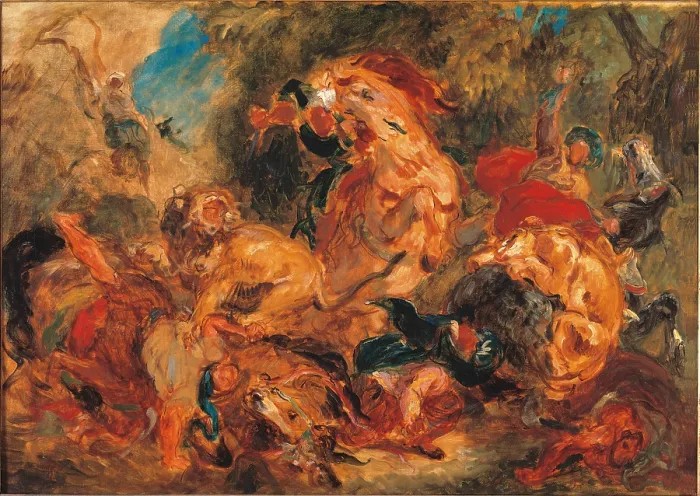 Framed Print : The Lion Hunt, study, by Eugne Delacroix, 1854 about, 19th Century, oil on canvas, cm 86 x 115 - France, Ile de France, Paris, Muse dOrsay. All