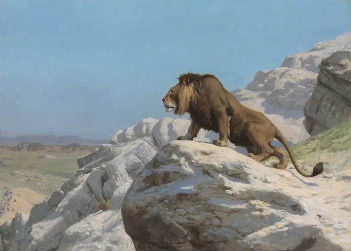Framed Print : Lion on the Watch, by Jean-Leon Gerome, 1824-1904, French painting, academic realism, oil on wood panel. (BSLOC_2023_3_27)