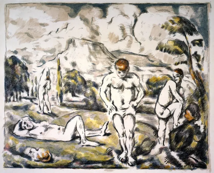 Framed Print : Lithographic by Paul Cezanne (1839-1906), French Post-Impressionist painter created on several paintings of nude bathers in a landscape setting. Ca. 1900