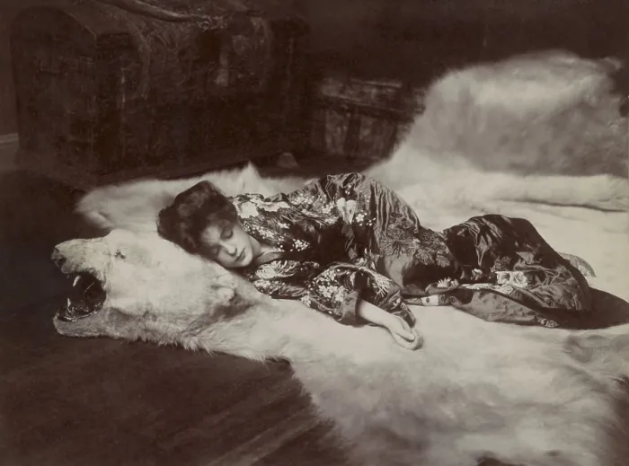 Framed Print : THE LITTLE BUTTERFLY, 1901, by Rudolf Eickemeyer. The photograph shows 16-year-old Evelyn Nesbit wearing in a Japanese kimono, posed sleeping on a polar bear rug Framed Print : THE LITTLE BUTTERFLY, 1901, by Rudolf Eickemeyer. The photograph shows 16-year-old Evelyn Nesbit wearing in a Japanese kimono, posed sleeping on a polar bear rug