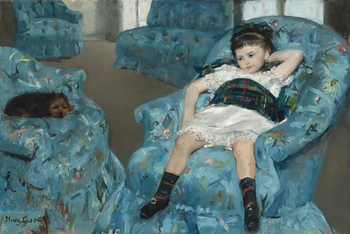 Framed Print : Little Girl in a Blue Armchair, by Mary Cassatt, 1878, American painting, oil on canvas. The girl's pose, sprawled in a large, blue armchair, is authentic and natural