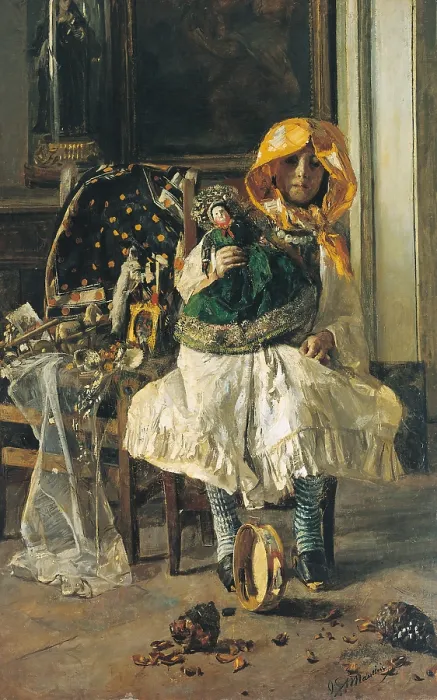 Framed Print : Little Girl with Yellow Scarf, by Antonio Mancini, 1875 about, 19th Century, oil on canvas, cm 164 x 104 - Italy, Tuscany, Florence, private collection. All