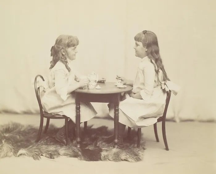 Framed Print : Little girls having a tea party, c. 1890. Frances and Ethel de Forest, were the daughters of Robert de Forest, a Connecticut Congressman from 1891 to 1895 Framed Print : Little girls having a tea party, c. 1890. Frances and Ethel de Forest, were the daughters of Robert de Forest, a Connecticut Congressman from 1891 to 1895