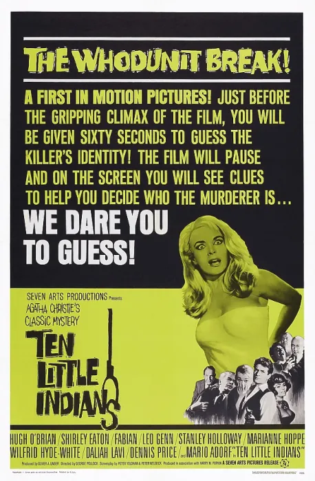 Framed Print : TEN LITTLE INDIANS, (aka AGATHA CHRISTIE'S TEN LITTLE INDIANS), US poster art, top: Shirley Eaton; bottom: Stanley Holloway, Leo Genn, Shirley Eaton, Mario Adorf, Daliah Lavi