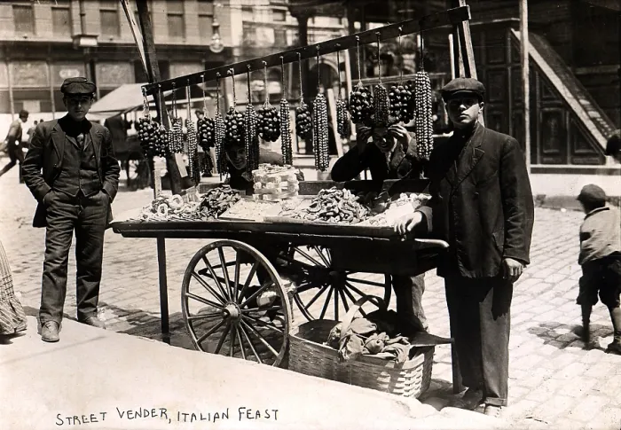 Framed Print : Little Italy - Street vendor with wares displayed on a handcart during a festival, New York, 1908