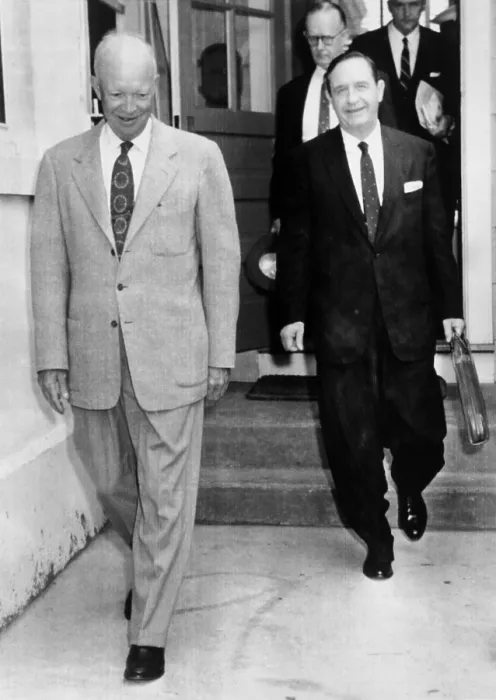 Framed Print : Little Rock school integration crisis. President Eisenhower and Arkansas Governor Orval Faubus, after their meeting in Newport, R.I Framed Print : Little Rock school integration crisis. President Eisenhower and Arkansas Governor Orval Faubus, after their meeting in Newport, R.I