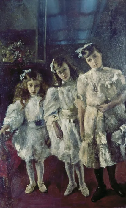 Framed Print : The little sisters (Le sorelline), by Emilio Gola, 1912, 20th Century, oil on canvas, 160 x 100 cm - Private collection. Whole artwork view