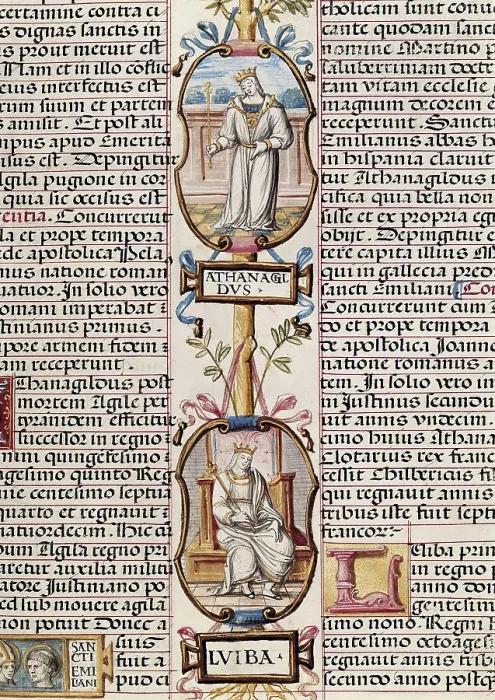 Framed Print : LIUVA I (-573). VisigothicKingofHispania (Spain)567-568.; ATHANAGILD (- 567). VisigothicKingofHispania (Spain)555-567. Mausoleum of Fabara; Genealoga de los Reyes de Espaa. 1463