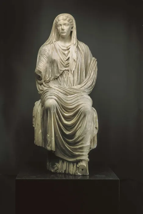Framed Print : LIVIA DRUSILLA (58 BC - AD 29). Sitting statue of Livia (1st c. AD). Roman art. Sculpture on marble. SPAIN. Madrid. National Museum of Archaeology. Proc: ITALY. Paestum