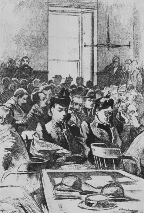 Framed Print : Lizzie and her sister Emma (with hand covering her face) in the courtroom during Lizzie's on trial for the ax murders of her step-mother and father in 1893 Framed Print : Lizzie and her sister Emma (with hand covering her face) in the courtroom during Lizzie's on trial for the ax murders of her step-mother and father in 1893