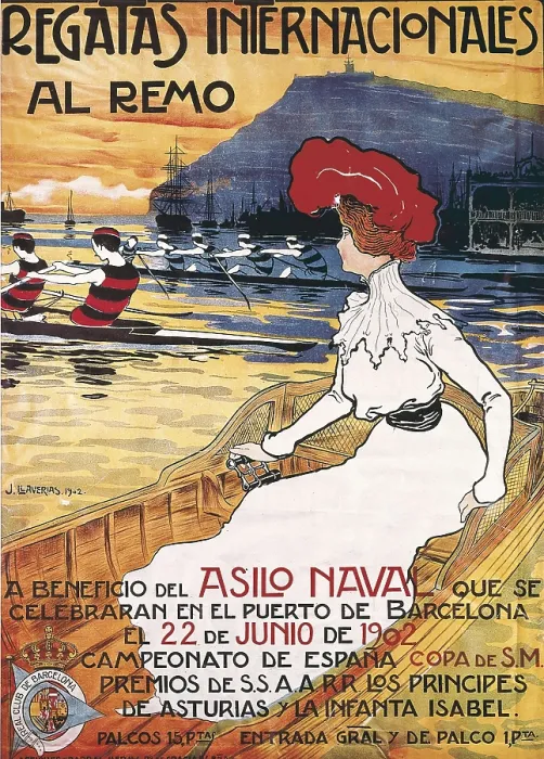 Framed Print : LLAVERIAS i LABRO, Joan (1865-1938). International Oar Regattas. 1902. Poster advertising the sport event held in the port of Barcelona the 22nd June 1902. Modernism. Painting