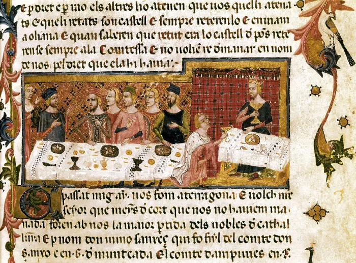 Framed Print : Llibre del Feits or Chronicle of James I the Conqueror. Folio I with the picture of the banquet of Tarragona, during which Pere Martell proposes to the king the conquest of Mallorca