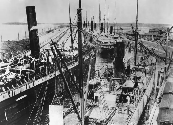 Framed Print : Nine loaded transports moving out into Tampa Bay in June 1898
