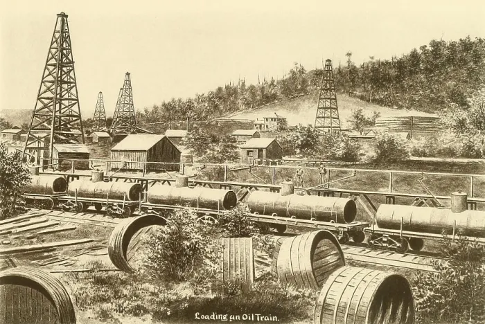 Framed Print : Loading an oil train in the Pennsylvania oil region. Ca. 1880