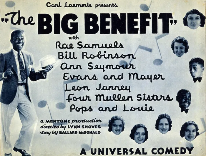 Framed Print : Lobby card for 'The Big Benefit' shows Bill 'Bojangles' Robinson dancing and the faces other stars, including Rae Samuels, Ann Seymour, Evans and Mayer