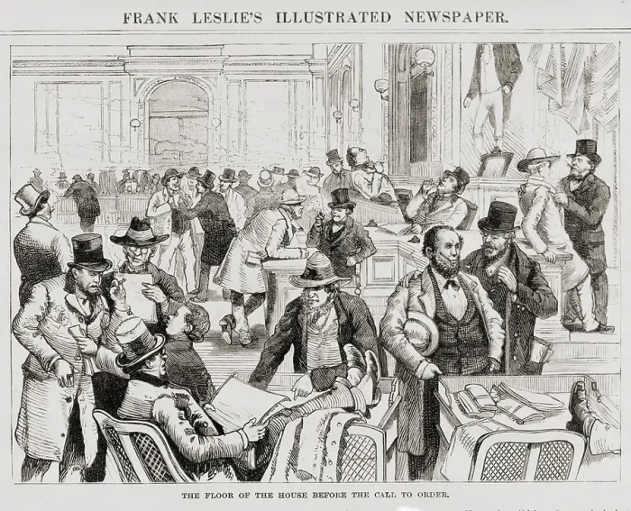Framed Print : Lobbyists on the floor of the House of Representatives before the call to order, Dec. 1883. Wood engraving in FRANK LESLIE'S ILLUSTRATED NEWSPAPER (BSLOC_2018_2_110)