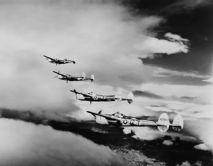Framed Print : Four Lockheed P-38 Lightnings of the 15th Air Force, in formation over Yugoslavia. World War 2, 1944. (BSLOC_2014_6_47)